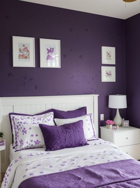 Dark Purple Accent Wall, Purple For Bedroom, Dark Purple Bedding, Playful Wallpaper, Purple Accent Wall, Sunroom Inspiration, Bedroom For Kids, Loft Inspiration, White Bed Frame