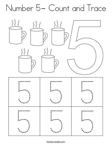 Number 5- Count and Trace Coloring Page - Twisty Noodle Number 5 Worksheet, Estonian Language, Preschool Activity Sheets, Preschool Number Worksheets, Kindergarten Math Worksheets Free, Twisty Noodle, November Crafts, Preschool Tracing, Kids Worksheets Preschool