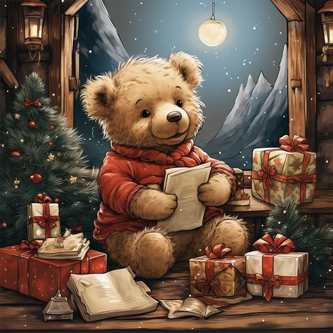 Christmas Eve Bear - 11CT Stamped Cross Stitch 40*40cm Diamond Canvas, Diy Crafts Bookmarks, Space Living Room, Christmas Teddy Bear, Gemstone Art, Garden Products, Hur Man Målar, Christmas Bear, Step By Step Painting