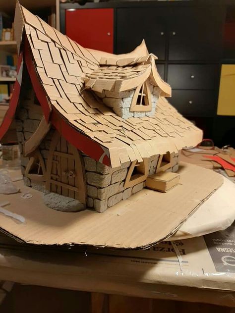 Cardboard Town, Fairy House Crafts, Cardboard Model, Fairy House Diy, Cardboard Box Crafts, Cardboard Sculpture, Fairy Tree, Clay Fairies, Cardboard House