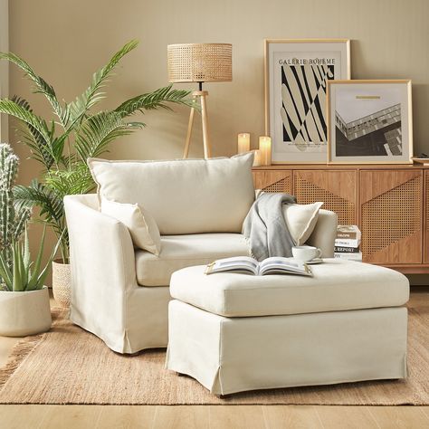 Sophie Modern Oversized Slipcovered Armchair and Ottoman with Lockable Rear Wheels by HULALA HOME - Bed Bath & Beyond - 40217391 Large Chair With Ottoman, Cozy Chair With Ottoman, Ivory Furniture Living Room, Large Accent Chair, Two Armchairs Living Room, Couch With Accent Chairs, Wicker Furniture Living Room, Front Sitting Room Ideas Entrance, Boho Sitting Area