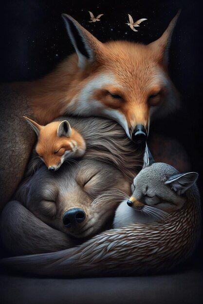 Ein gemälde eines fuchses und eines fuch... | Premium Photo #Freepik #photo #schlafend #baby-fuchs #schlafen #familie Angel Art, Premium Photo, Angel, Animals, Quick Saves, Art