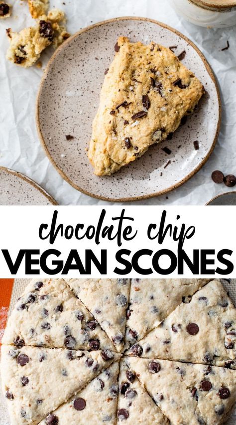 VEGAN SCONES are a delicious weekend breakfast! This recipe uses vegan butter, dairy free milk and a flax egg to create these light yet satisfying vegan chocolate chip scones! #scones #vegan #veganscones #chocolatechipscones Chocolate Chip Scones, Vegan Scones, Scone Recipes, Chocolate Scones, Vegan Chocolate Chip, Scone Recipe, Vegan Dessert Recipes, Eating Recipes, Vegan Sweets