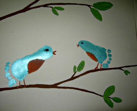 Footprint Blue Bird. Bird Footprint Art, Bird Footprint, Woodland Crafts, Infant Toddler Classroom, Bird Nests Art, Baby Crafts Diy, Nest Art, Footprint Craft, Infant Classroom