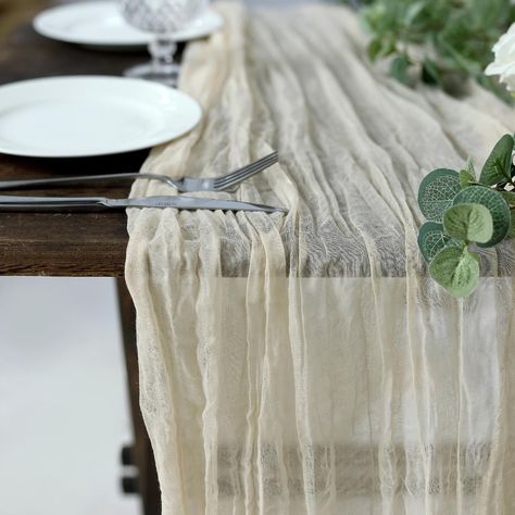 10FT Cream Cheesecloth Table Runner, Gauze Fabric Boho Wedding Arbor Decor | TableclothsFactory Arbor Decor, Cheesecloth Table Runner, Wedding Arbor, Boho Table Runner, Wedding Arch Rustic, Boho Table, Wedding Tablecloths, Wedding Arbour, Cotton Wedding