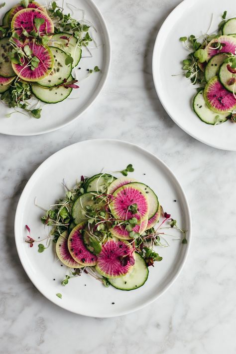 Watermelon radish and cucumber salad. Salad Plating Ideas, Watermelon Radish, Radish Recipes, Keto Food, Spring Recipes, Cucumber Salad, Food Presentation, Beautiful Food, Couscous