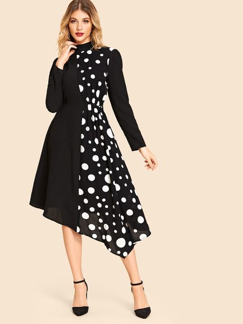 Elegant Knee-length Polka Dot Dress, Polka Dot Frock Designs, Cheap Polka Dot Dress-up Dresses, Polka Dot Cotton Knee-length Dress, Knee-length Polka Dot Cotton Dress, Polyvore Dress, Dot Print Dress, Batik Dress, Homecoming Dress