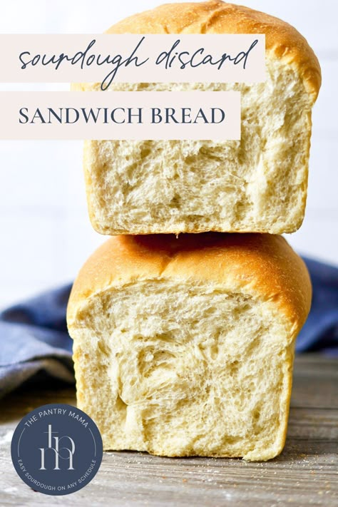 This quick and easy sourdough discard sandwich bread is a great sourdough recipe to have in your repertoire for when you need to use up some discard or you need a loaf of bread in a hurry. You'll get a super soft, light and airy crumb with a soft crust that's easy to eat. Less Sour Sourdough Bread, Super Easy Sourdough Bread, Soft Sourdough Loaf Bread, Discard Sandwich Loaf, Easy Discard Sourdough Bread, White Bread With Sourdough Starter, Sandwich Bread Sourdough Discard, Easy Sourdough Bread Recipe Cups, Easy Sourdough Discard Sandwich Bread