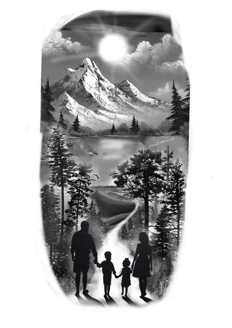 Tattoo For Family, Mountain Sleeve Tattoo, Family Sleeve Tattoo, Natur Tattoo Arm, Berg Tattoo, Scenery Tattoo, Forearm Cover Up Tattoos, Outdoor Tattoo, Tatuaje Cover Up