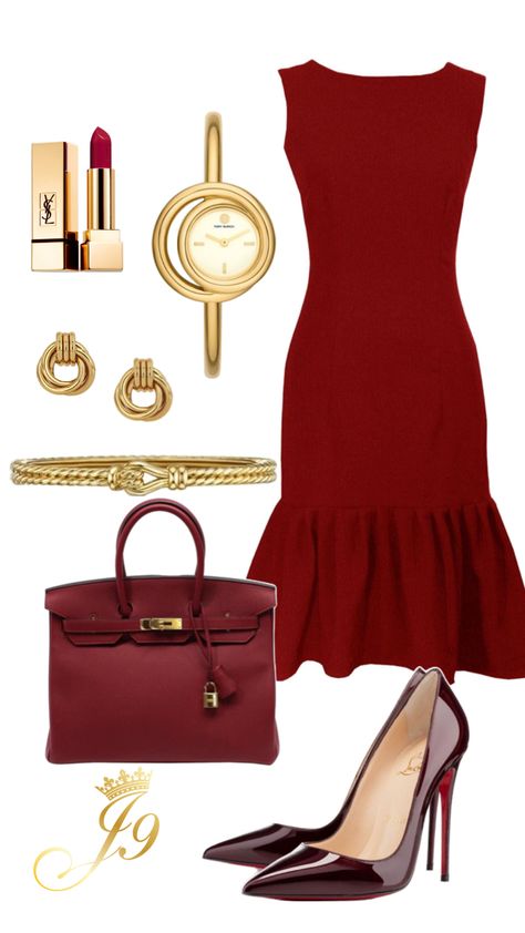 Rouge red dress, heels, bag, lipstick, gold jewellery Red Work Outfit, Looks Total Jeans, Elegant Summer Dresses, Streetwear Chic, Modest Dresses Casual, Fashionista Clothes, Red Outfit, Dressy Outfits, Looks Style