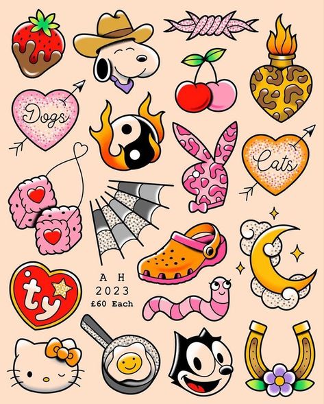 Cool Tattoo Flash Sheet, Cute Flash Tattoo Ideas, Cute Flash Sheet Tattoos, Cute Flash Tattoos Color, Lisa Frank Flash Tattoo, Colored Flash Tattoos, Patchwork Tattoo Ideas Color, Get What You Get Tattoo Flash, Free To Use Tattoo Designs