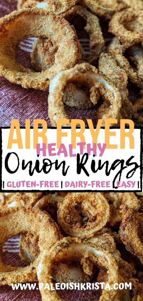 Coated in a crispy gluten-free, dairy-free breading, these delicious air fried homemade onion rings are the perfect grain-free burger companion, appetizer or snack! | #paleoishkrista #airfryer #healthyonionrings #glutenfree #dairyfree #healthyairfryerrecipes #paleo Onion Rings In Air Fryer, Healthy Onion Rings, Air Fryer Recipes Onion Rings, Onion Rings Air Fryer, Gluten Free Onion Rings, Air Fryer Onion Rings, Homemade Onion Rings, Gluten Free Panko, Gluten Free Milk