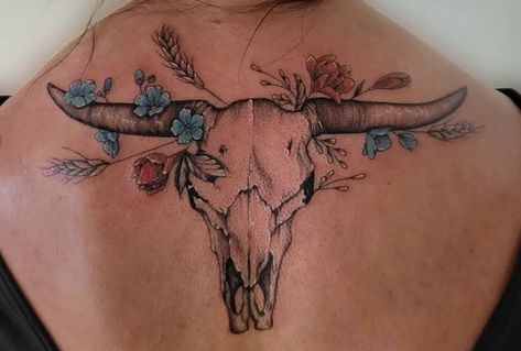 Western Cow Tattoos For Women, Shoulder Half Sleeve Tattoos For Women Unique, Forearm Tattoo Women Country, Western Tattoos Leg, Cow Skull Back Tattoo, Long Horn Back Tattoo, Country Half Sleeve Tattoos For Women, Cattle Skull Tattoos For Women, Bold Back Tattoo