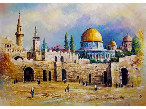 ✨ Walls of History, Dome of Light by Shada Sharif ✨ Immerse yourself in the rich tapestry of Jerusalem’s history with this exquisite oil painting. The iconic Dome of the Rock stands resplendent, bathed in golden light, while the ancient walls whisper tales of resilience and faith. Shada Sharif, a gifted artist from Bethlehem, masterfully captures the vibrant essence of this sacred city, inviting you to reflect on its timeless beauty. 🌟 This artwork is not just a visual feast; it’s a tribute... Al Aqsa Painting, Dome Of The Rock Drawing, Masjid Al Aqsa Painting, Half Dome Painting, Dome Of The Rock Painting, Dome Of The Rock, Golden Light, Golden Lights, Bethlehem