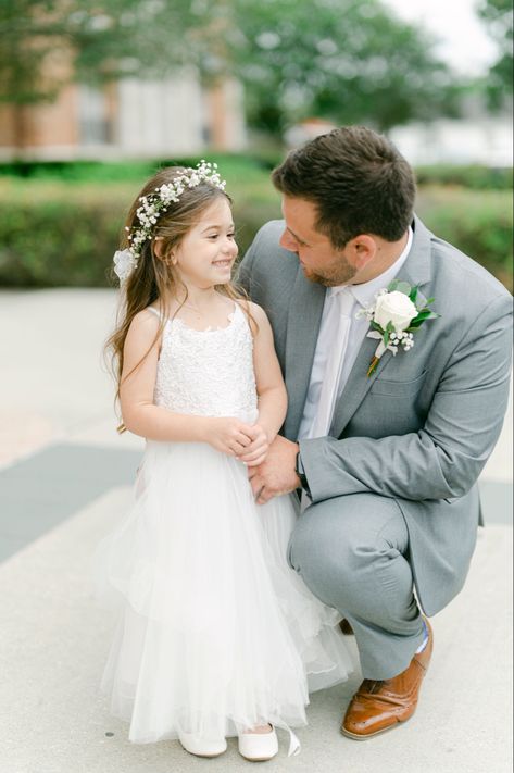 wedding inspo / groom / flower girl / daddy / daughter Groom Ring Bearer Pictures, Groom With Daughter Photos, Wedding Daughter Flower Girl, Wedding Photos Bride And Daughter, Bride Groom Daughter Photos, Groom And Daughter First Look, Bride And Groom With Daughter, Dads Wedding Attire Father, Wedding Photo Ideas Flowergirl