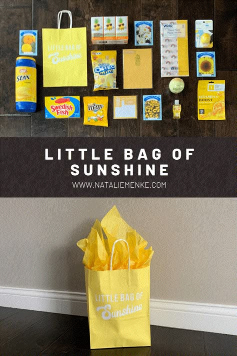 The Ultimate Guide to Creating a Little Bag of Sunshine - Natalie Menke Employee Of The Month Gift Basket, Welcome Gifts For Residents, Secret Teacher Gift Ideas, Gift Bag For Teachers, Spring Gifts For Coworkers, School Office Staff Gift Ideas, Secretary Appreciation Ideas, Cheap Staff Appreciation Gifts, Sunshine Basket Ideas