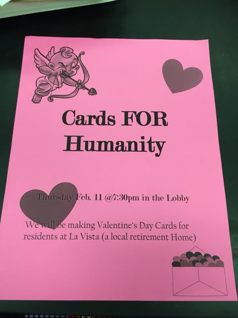 Cards for Humanity RA program. We made cards for a local retirement home and they were delivered on Valentine's Day. #RA #valentinesday #CA #reslife #programideas, #RAprograms February Ra Programs, Ra Valentines Day Program, Hosa Activities, Social Events Ideas, Dorm Activities Resident Assistant, Ra Ideas Programming, Ra Programming Ideas, Ra Program Ideas Activities College Students, Program Ideas Resident Assistant