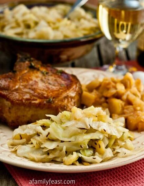 Braised Cabbage and Apples - A Family Feast® Apples And Cabbage Recipe, Cabbage And Apples, Cabbage Side Dish, Red Cabbage Recipes, Braised Red Cabbage, Sauteed Cabbage, Braised Cabbage, Cabbage And Bacon, Cooked Cabbage