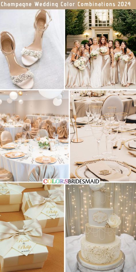 8 Elegant Champagne Wedding Color Combos for 2024 - ColorsBridesmaid Champagne Wedding Colors Scheme, February Wedding Colors, Gold Wedding Table Decorations, Champagne Color Palette, Champagne Wedding Themes, Champagne Gold Wedding, Peach Wedding Colors, Peach Wedding Bouquet, Champagne Wedding Colors