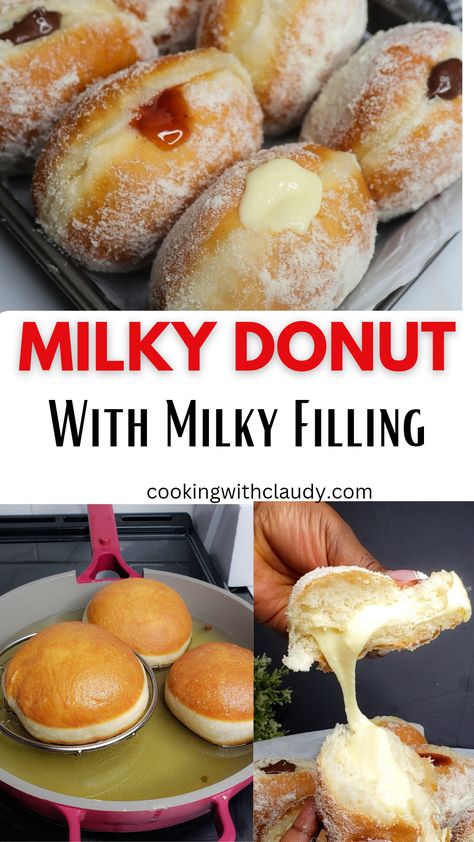 Milky Donut Recipe, Milky Doughnut Recipe, Donut Filling Recipe, Milky Doughnut, Doughnut Filling Recipe, Milky Donut, Yeast Doughnut Recipe, Fluffy Doughnut Recipe, Milk Donut