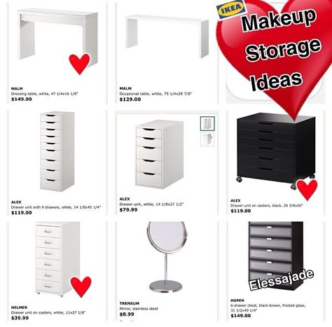 Here are some furniture pieces that can be purchased from IKEA that can be used for your makeup storage, depending on the look you are going for. If you are interested in vanities, then a IKEA desk would be great. If you are look for a drawer type of storage, then the Alex units work great! Makeup Organization Ikea, Ikea Makeup Storage, Ikea Makeup, Beauty Room Ideas, Makeup Vanity Ideas, Makeup Room Ideas, Rangement Makeup, Makeup Storage Ideas, Dream Vanity