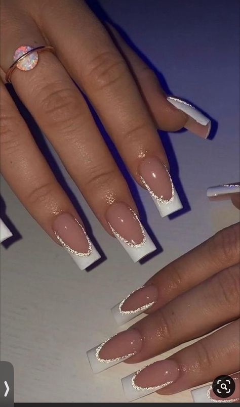 Cute White French Tip Nails With Glitter, White French Tip Acrylic Nails With Glitter, Purple And White Square Nails, Nail Ideas French Tip With Gems, White French Glitter Nails, Pink Nail Designs French Tips, Nails Acrylic Winter Classy, Square Acrylic Nails Glitter, French Tip Acrylic Nails With Glitter