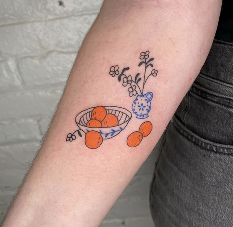 Bowl Of Oranges Tattoo, Fruit And Vegetable Tattoo, Bowl Of Fruit Tattoo, Starfruit Tattoo, Fruit Sticker Tattoo, Fine Line Lemon Tattoo, Cereal Tattoo, Fruit Bowl Tattoo, Bagel Tattoo