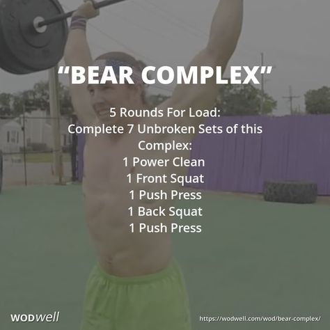 "Bear Complex" WOD - 5 Rounds For Load: Complete 7 Unbroken Sets of this Complex:; 1 Power Clean; 1 Front Squat; 1 Push Press; 1 Back Squat; 1 Push Press Bear Complex Crossfit, Barbell Complex, Wods Crossfit, Crossfit Workouts Wod, Back Squat, Crossfit Workouts At Home, Crossfit At Home, Wod Workout, Crossfit Wod