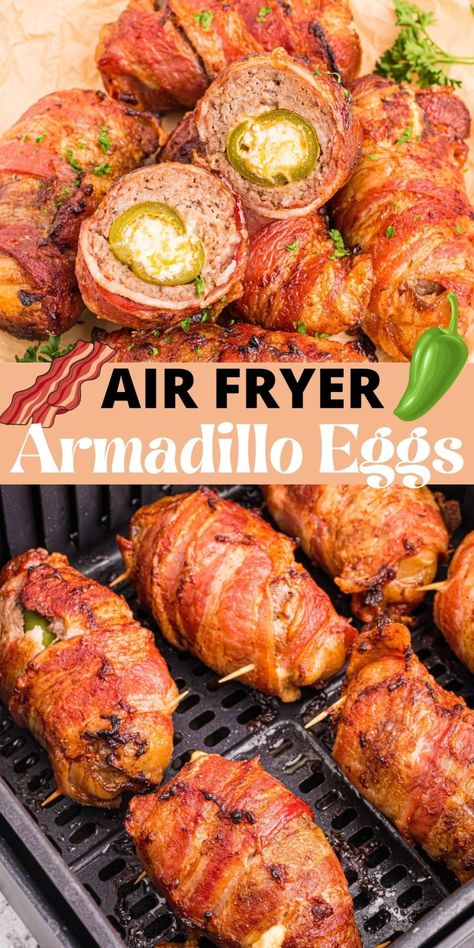 Armadillo Eggs Recipe Air Fryer, Armadillo Eggs In Air Fryer, Jalapeno Poppers With Sausage, Sausage Stuffed Jalapenos, Wrapped Jalapeno Poppers, Armadillo Eggs, Bacon Wrapped Sausages, Ranch Recipes, Bacon Wrapped Appetizers