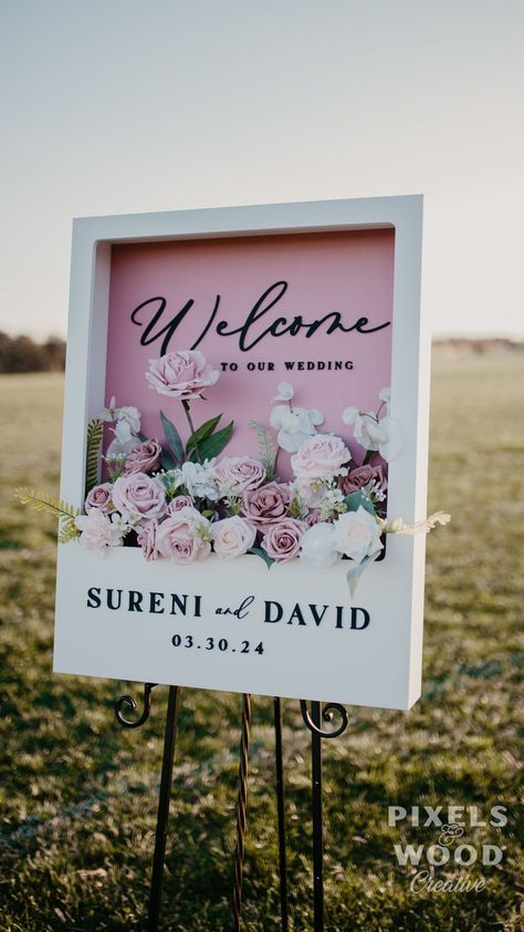 Polaroid Style Flower Box Welcome Sign – Pixels and Wood Flower Box Welcome Sign, Color Pink And Purple, Welcome Flowers, Wedding Signs Diy, Back Piece, Foam Blocks, Event Sign, Future Wedding Plans, Wildflower Wedding