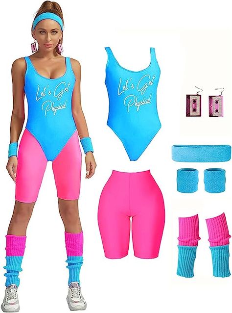 MIAIULIA Womens 80s Workout Costume Outfit 80s Accessories Set Leotard Neon Legging Headband Wristbands Set 90s Costumes, Workout Costume, 80s Workout Costume, Outfit 80s, 80s Accessories, 80s Workout, Catsuit Costume, Neon Leggings, Neon Shorts