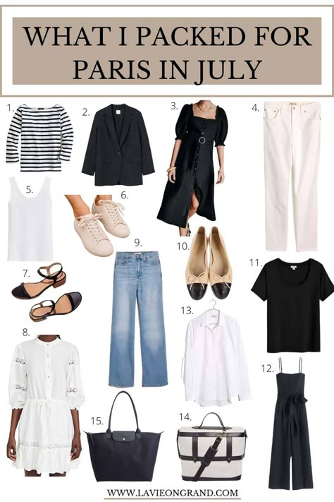 Going to Paris? How To Pack For Paris in July | La Vie on Grand Paris In July, Paris Summer Outfits, Parisienne Chic, Paris Summer, Fashion Capsule Wardrobe, Travel Essentials List, Travel Capsule Wardrobe, Europe Outfits, Essentials List