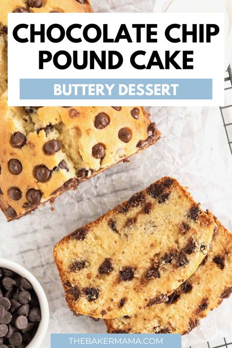 Try this amazing Chocolate Chip Pound Cake recipe. This homemade pound cake is buttery, moist and dense. Filled with melty chocolate chips, this pound cake recipe is easy to make and even easier to enjoy! Perfect dessert for anytime of year. Chocolate Chip Pound Cake, Homemade Pound Cake, Chocolate Dipped Fruit, Baked Granola, Yummy Desserts Easy, Pound Cake Recipe, Best Chocolate Chip, Pound Cakes, Delicious Donuts