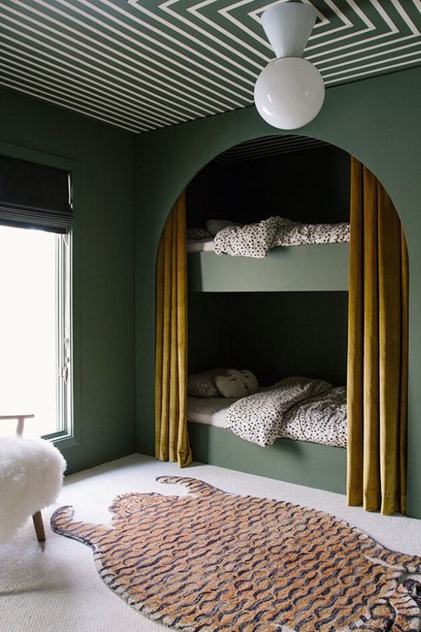 ARCHITECTURE | NgLp Designs shares inspirational spaces with circles and curves — for the love of the curve, DIY bunk bedroom design for Archie via Sarah Sherman Samuel | arch, interior, green painted walls, geometric ceiling pattern design /// #DIY #green #bedroomdesign Wallpaper Bunk Beds, Bed Inside Wall, Built In Bunk Bed Small Room, Creative Bunk Bed Ideas, Bunk Bedroom Decor, Blue And Green Kids Room, Build In Bunk Beds, Bunk Curtains, Bungalow Hotel