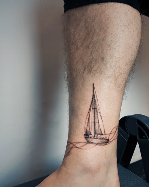 Sailboat Drawing Sketches, Fineline Sailboat Tattoo, Sailing Tattoo Men, Sailboat Tattoo Men, Sailing Tattoos For Women, Boat Tattoo For Women, Boat Tattoo Design, Sail Boat Tattoo, Yacht Tattoo