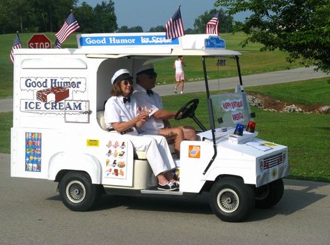 Ice-cream truck Golf Cart Ice Cream Truck, Golf Cart Decorating Ideas 4th Of July, Golf Cart Decorations, Good Humor Ice Cream, Gold Cart, Vending Cart, Villages Florida, Lake Toys, Elegant Bar Stools