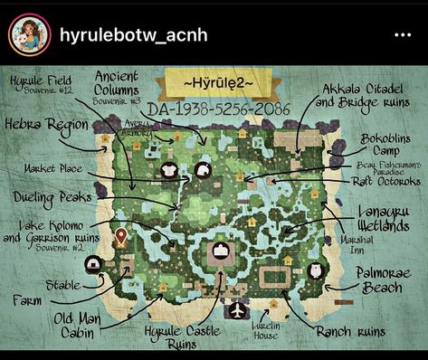 Breath Of The Wild Animal Crossing, Acnh Legend Of Zelda Design Codes, Zelda Themed Island Acnh, Acnh Botw Designs, Zelda Acnh Island, Acnh Zelda Island, Acnh Zelda Designs, Botw Map, Animal Crossing Zelda