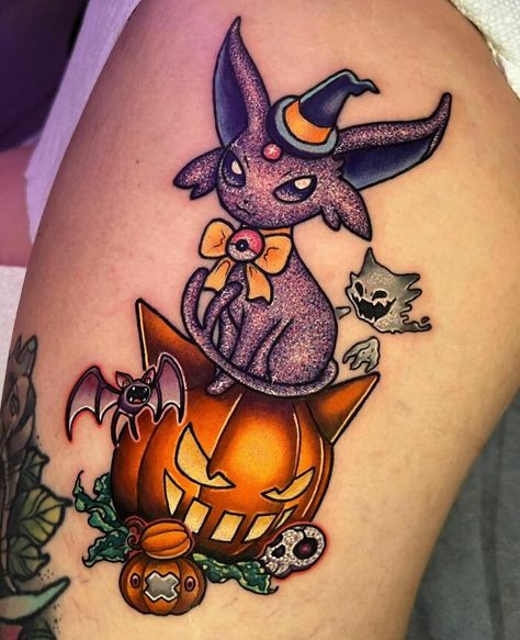 40 Unique And Cool Glitter Tattoos Colorful Halloween Tattoos, Halloween Cute Tattoo Ideas, Pumpkaboo Tattoo, Pokemon Halloween Tattoo, Glitter Tattoo Ideas, Halloween Pokemon Tattoo, Ghastly Tattoo Pokemon, Spooky Kawaii Tattoo, Sarah Tattoo