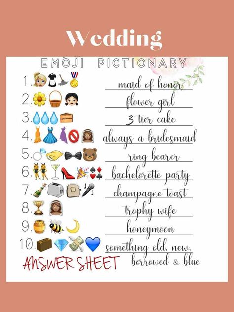 13 Wedding Emoji Pictionary with Answers - Fun Party Pop Wedding Emoji Pictionary, Wedding Emoji Game, Bridal Shower Emoji Pictionary, Bridal Emoji Game, Emoji Pictionary With Answers, Bridal Pictionary, Engagement Party Games Activities, Bridal Emoji Pictionary, Wedding Emoji