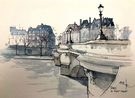 PARIS Pont Neuf Cityscape Drawing, Paris Painting, Watercolor Architecture, Artist Sketchbook, Architectural Sketch, Travel Sketches, Picture Illustration, Dutch Artists, Watercolor Sketch