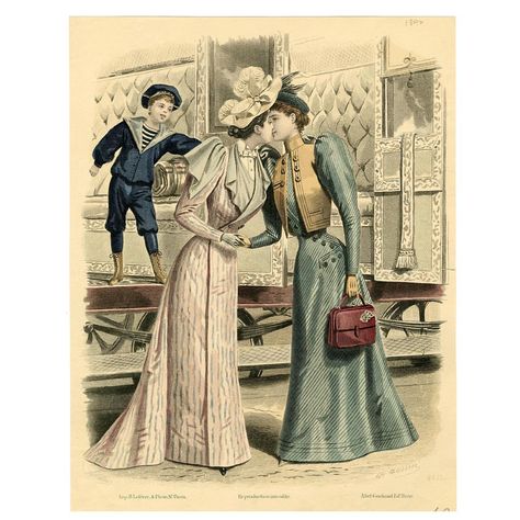 A highly unusual fashion plate from the French publication Journal des Dames et des Demoiselles, 1892. Sentimental scenes between female… 1902 Fashion, Edwardian Fashion Plates, Gilded Age Fashion, Edwardian Era Fashion, Unusual Fashion, Edwardian Costumes, 1900s Fashion, 20th Century Fashion, 19th Century Fashion