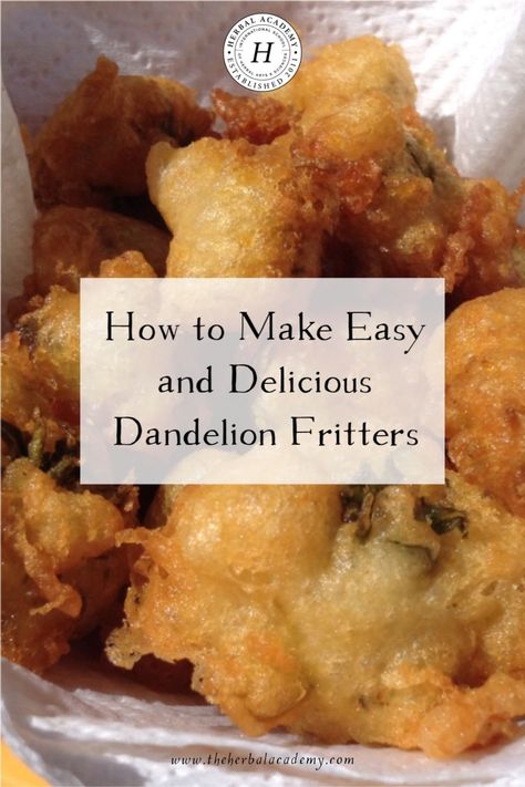 How to Make Easy and Delicious Dandelion Fritters | Herbal Academy | These dandelion fritters are delicious as a starter, snack, or side, and can be made anytime the flowers are blooming. Vegan Dandelion Recipes, Fried Dandelions, Dandelion Fritters, How To Dry Dandelions For Tea, Dandelion Flower Recipe, Cornbread Fritters, Edible Flowers Recipes, Dehydrated Onions, Dandelion Recipes