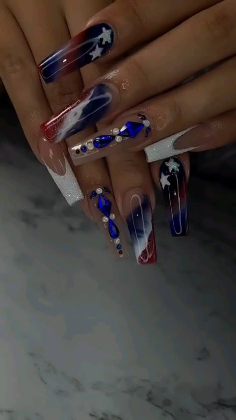 4th Of July Nails Acrylic Square, Long 4th Of July Nails, 4th Of July Acrylics, July 4th Nails Designs Independence Day, July Birthday Nails, 4tg Of July Nails Acrylics, Nails Acrylic 4th Of July, 4th Of July Nails Acrylic, Nails For 4th Of July