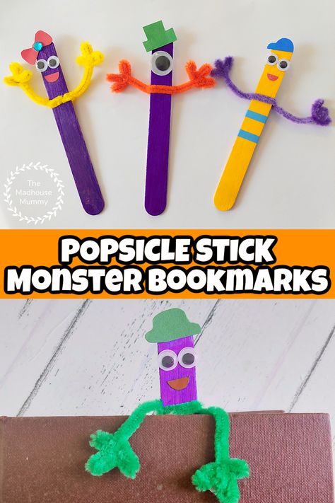 a fun and easy popsicle stick halloween craft for kids. make your own little popsicle stick monster bookmarks with this fun craft idea for children. #monstercraftsforkids Puppet Popsicle Stick, Monster Popsicle Sticks, Popsicle Stick Monsters, Arts And Crafts Popsicle Sticks Ideas, Popsicle Stick Bookmarks Diy, Crafts With Popsicle Sticks Kids, Ice Cream Bookmark, Bookmark Diy Kids, Easy Popsicle Stick Crafts For Kids