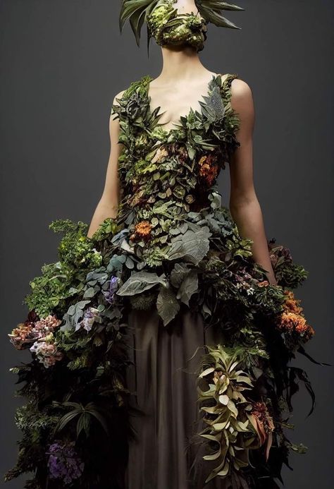 Forest Inspired Fashion, Mushroom Inspired Dress, Forest Inspired Dress, Mushroom Dress Aesthetic, Natural Form Fashion, Nature Goddess Outfit, Earth Inspired Dress, Moss Outfit Aesthetic, Nature Goddess Costume