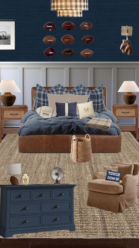 Blue Trim Bedroom, Ralph Lauren Boys Room, Football Theme Bedroom, Kids Baseball Room, Boy Apartment, Ralph Lauren Bedroom, Sports Room Boys, Shared Boys Rooms, Boy Sports Bedroom