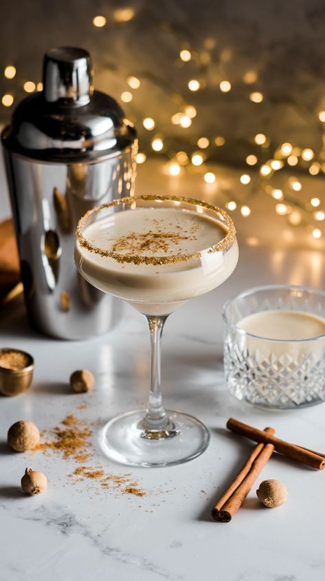 Festive holiday eggnog martini with gold sugar rim on marble countertop, nutmeg, cinnamon sticks, eggnog bowl and silver shaker in background Eggnog Espresso Martini Recipe, Eggnog Martini Recipe Vanilla Vodka, Cocktails With Eggnog, Eggnog Espresso Martini, Eggnog Martini Recipe, Broccoli Smoothie Recipes, Eggnog Cocktails, Pastalaya Recipe, Spiked Hot Chocolate Recipe