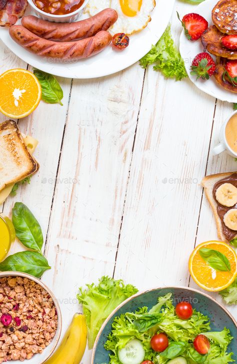 Types Of Breakfast, Breakfast Background, Banana Toast, Food Pic, Illustration Photoshop, Story Post, Bacon Salad, Breakfast Choices, Fried Eggs