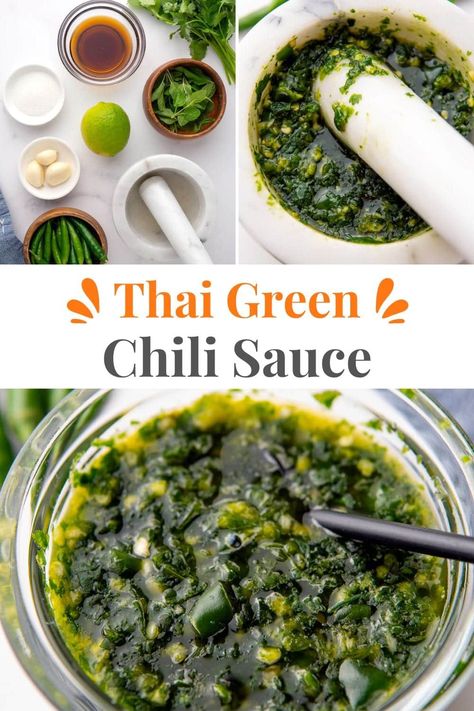 Authentic homemade Thai green chili sauce recipe made with fresh chilies, herbs, and classic South East Asian flavours. Also known as Nam Jim Talay, this spicy sauce is ready in under 10 minutes and can be used as a condiment, marinade, dressing, cooking ingredient, and more. via @irena_macri Green Thai Chili Pepper Recipes, Thai Green Chili Recipes, Thai Chili Sauce Recipe, Green Chili Sauce Recipe, Sriracha Recipes, Green Chilli Sauce, Green Chili Sauce, Green Chili Recipes, Chili Pepper Recipes