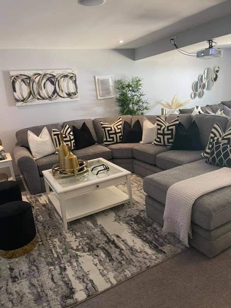 His And Her Living Room Ideas, Black Living Room Grey Couch, Black Accent Color Living Rooms, Living Room Ideas With Grey Sectional, Grey Sofa Set Living Room Ideas, Dark Great Couch Living Room, His And Hers Living Room, Living Room Idea With Grey Couch, Gray With Gold Accents Living Room